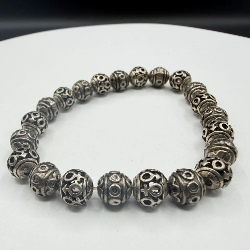 Silver Tone Ornate Beaded Stretch Bracelet Boho Statement Stackable Gift Fashion